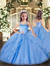  Baby Blue Ball Gowns Appliques and Ruffles Custom Made Pageant Dress Lace Up Organza Sleeveless Floor Length