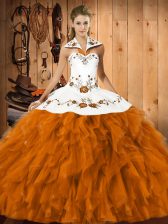 Modest Ball Gowns 15 Quinceanera Dress Orange Red Halter Top Satin and Organza Sleeveless Floor Length Lace Up