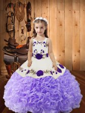  Lavender Ball Gowns Embroidery and Ruffles Kids Formal Wear Lace Up Fabric With Rolling Flowers Sleeveless Floor Length