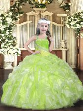 Pretty Yellow Green Ball Gowns Straps Sleeveless Organza Floor Length Lace Up Beading and Ruffles Little Girl Pageant Gowns