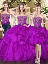 Inexpensive Fuchsia Quince Ball Gowns Military Ball and Sweet 16 and Quinceanera with Beading and Ruffles Strapless Sleeveless Lace Up