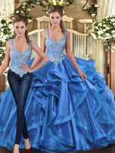 Fitting Blue Straps Neckline Beading and Ruffles Quinceanera Gowns Sleeveless Lace Up