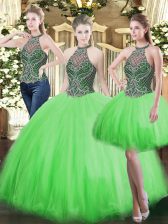  Ball Gowns Beading Quinceanera Gowns Lace Up Tulle Sleeveless Floor Length