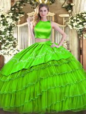 Glamorous High-neck Sleeveless Quinceanera Gown Floor Length Embroidery and Ruffled Layers Tulle