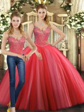 Shining Straps Sleeveless Lace Up Sweet 16 Quinceanera Dress Coral Red Tulle