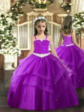  Appliques and Ruffled Layers Kids Formal Wear Purple Lace Up Sleeveless Floor Length