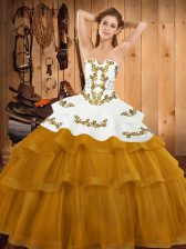 Fitting Gold Sleeveless Sweep Train Embroidery and Ruffled Layers 15 Quinceanera Dress