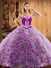Hot Selling Sweetheart Sleeveless Satin and Fabric With Rolling Flowers Quinceanera Dress Embroidery Sweep Train Lace Up