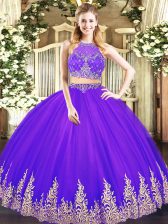 Fine Floor Length Purple 15 Quinceanera Dress Tulle Sleeveless Beading and Appliques