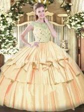 Custom Made Tulle Bateau Sleeveless Zipper Beading and Ruffled Layers Quinceanera Gowns in Champagne