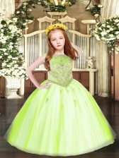  Yellow Green Ball Gowns Tulle Scoop Sleeveless Beading and Appliques Floor Length Zipper Little Girl Pageant Dress