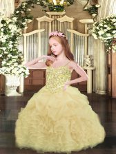 Discount Asymmetrical Lace Up Pageant Gowns For Girls Champagne for Party and Quinceanera with Appliques and Ruffles and Pick Ups