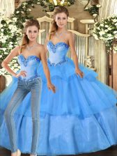 Vintage Sweetheart Sleeveless Quinceanera Gown Floor Length Beading and Ruffled Layers Baby Blue Organza
