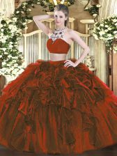  Floor Length Backless Vestidos de Quinceanera Rust Red for Military Ball and Sweet 16 and Quinceanera with Beading and Ruffles