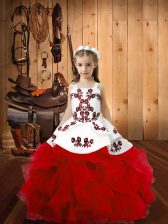  Organza Straps Sleeveless Lace Up Embroidery and Ruffles Little Girls Pageant Dress in Red