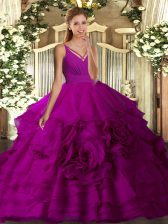 Admirable Fuchsia Backless Quinceanera Dresses Ruching Sleeveless With Train Sweep Train
