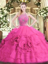 Ideal Tulle Halter Top Sleeveless Zipper Beading and Ruffled Layers Quinceanera Gowns in Hot Pink