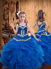  Blue Straps Neckline Embroidery and Ruffles Kids Formal Wear Sleeveless Lace Up