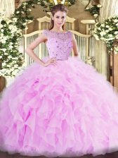  Floor Length Zipper Ball Gown Prom Dress Lilac for Military Ball and Sweet 16 and Quinceanera with Beading and Ruffles