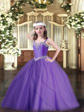  Lavender Ball Gowns Beading Little Girl Pageant Dress Lace Up Tulle Sleeveless