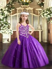  Sleeveless Lace Up Floor Length Beading and Appliques Little Girls Pageant Dress