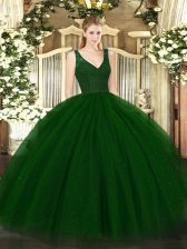 Traditional Dark Green Tulle Backless V-neck Sleeveless Floor Length Quinceanera Dresses Beading and Lace