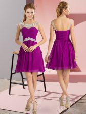 Customized Chiffon Scoop Cap Sleeves Lace Up Beading Dress for Prom in Fuchsia