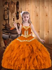 High Quality Orange Ball Gowns Straps Sleeveless Organza Floor Length Lace Up Embroidery and Ruffles Pageant Dresses