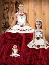 Clearance Wine Red Ball Gowns Embroidery and Ruffles Quince Ball Gowns Lace Up Satin and Organza Sleeveless Floor Length