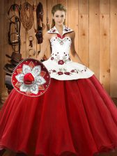  Floor Length Lace Up 15th Birthday Dress Wine Red for Military Ball and Sweet 16 and Quinceanera with Embroidery