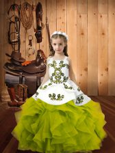  Olive Green Straps Neckline Embroidery and Ruffles Child Pageant Dress Sleeveless Lace Up