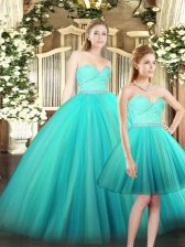Sophisticated Aqua Blue Tulle Lace Up Ball Gown Prom Dress Sleeveless Floor Length Ruching