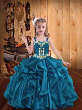 Unique Straps Sleeveless Kids Pageant Dress Floor Length Embroidery and Ruffles Teal Organza