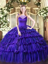  Purple Ball Gowns Organza Sweetheart Sleeveless Beading and Ruffled Layers Floor Length Side Zipper 15 Quinceanera Dress