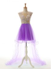  Eggplant Purple A-line Tulle Scoop Sleeveless Appliques High Low Backless Homecoming Dress