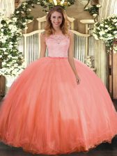  Orange Red Ball Gowns Tulle Scoop Sleeveless Lace Floor Length Clasp Handle Quinceanera Gown