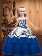  Organza Straps Sleeveless Lace Up Embroidery Pageant Gowns For Girls in Blue