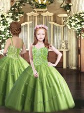  Floor Length Lace Up Pageant Dress for Womens Olive Green for Party and Quinceanera with Beading