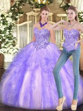 Simple Floor Length Lavender Quinceanera Gowns Organza Sleeveless Appliques and Ruffles