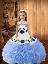  Sleeveless Fabric With Rolling Flowers Floor Length Lace Up Pageant Dress for Girls in Lavender with Embroidery and Ruffles