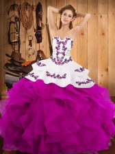  Fuchsia Ball Gowns Embroidery and Ruffles Sweet 16 Quinceanera Dress Lace Up Satin and Organza Sleeveless Floor Length