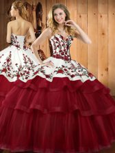Decent Wine Red Lace Up Sweetheart Embroidery Quinceanera Gown Organza Sleeveless Sweep Train