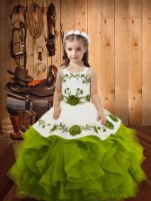  Straps Sleeveless Lace Up Kids Formal Wear Olive Green Tulle