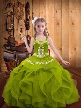 Custom Design Ball Gowns Kids Formal Wear Olive Green Straps Organza Sleeveless Floor Length Lace Up
