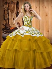 Sophisticated Gold Ball Gowns Sweetheart Sleeveless Organza Sweep Train Lace Up Embroidery Sweet 16 Dress