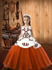  Orange Red Lace Up Pageant Gowns For Girls Embroidery Sleeveless Floor Length