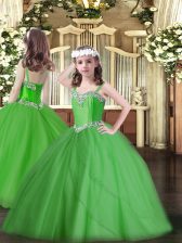  Green Ball Gowns Tulle Straps Sleeveless Beading Lace Up Child Pageant Dress Sweep Train