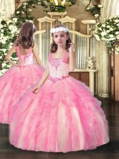 Dramatic Rose Pink Sleeveless Organza Lace Up Pageant Dresses for Party and Quinceanera