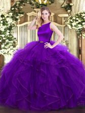Low Price Purple Clasp Handle Quince Ball Gowns Ruffles Sleeveless Floor Length