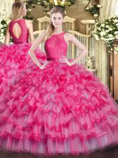  Floor Length Zipper Quinceanera Gown Hot Pink for Military Ball and Sweet 16 and Quinceanera with Lace and Ruffled Layers